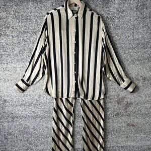 DISSH 2 Piece Shirt Pants Set Womens US 4 Black Beige Stripe Elastic Waist Flowy